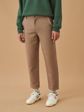 BOUND DOGTOOTH WOVEN CROPPED TROUSER - MOCHA
